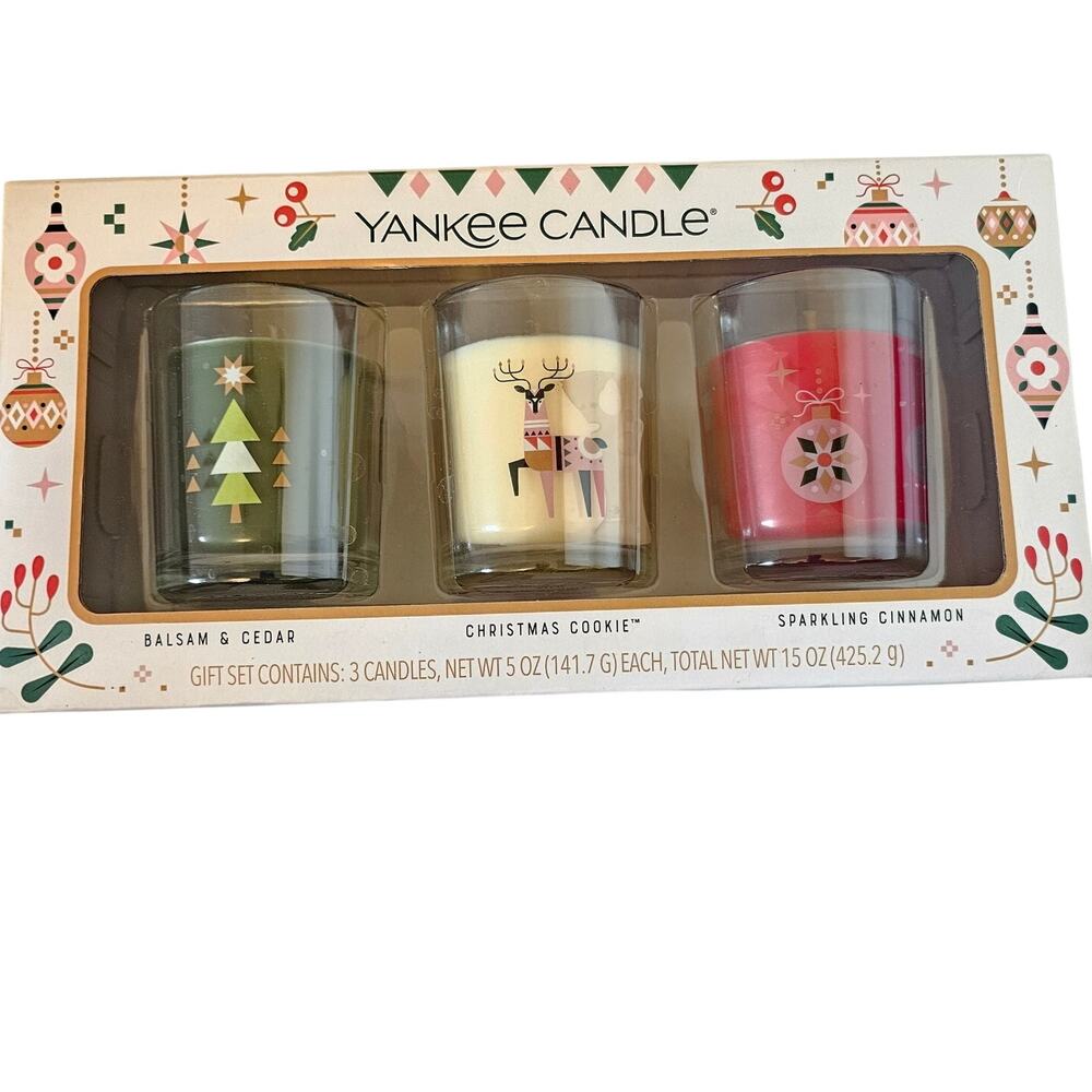 Yankee Candle Holiday Gift Set 3 Votive 5oz Balsam & Cedar Cookie Cinnamon Boxed